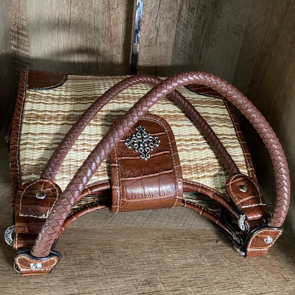 90s Vintage Hobo Shoulder Bag Purse Brown Woven Croc Embossed Western Boho - Picture 7 of 8